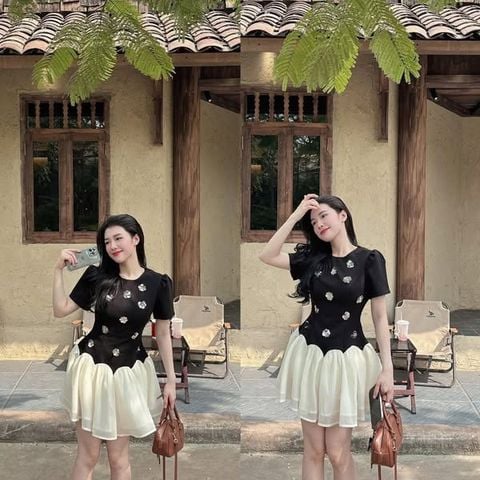 SKY7938-Đầm ngắn phối tùng đính hoa Đen