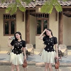 SKY7938-Đầm ngắn phối tùng đính hoa Đen