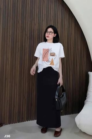 KS0557-Set thun áo trắng in hình, CV dài Đen