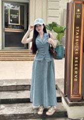 VGU9942-Set Jean áo gile cổ vest+CV dài Xanh