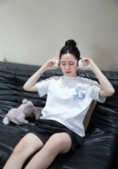 SKY7921-Set áo thun trắng in chữ 2 mặt, quần short jean Xanh