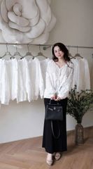 VGU9968 SET ÁO HOA THÊU 3D TRẮNG, CV DÀI ĐEN