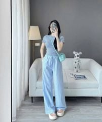 KS5076-Set basic áo thun+quần suông kẻ Xanh