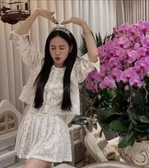 VRA0536 SET ÁO REN HOA ĐÍNH NƠ, CV XẾP LI