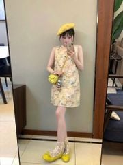 TQ4112-Đầm suông họa tiết hoa phối nút