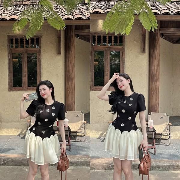 SKY7938-Đầm ngắn phối tùng đính hoa Đen