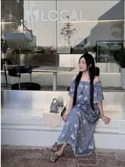 SKY8022-Đầm suông bệt vai thêu nơ CC Xanh