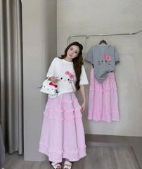 VRA0539-Set áo thun in kitty, CV caro nhúng bèo tầng Hồng (áo Xám)
