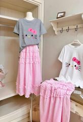 VRA0539-Set áo thun in kitty, CV caro nhúng bèo tầng Hồng (áo Xám)