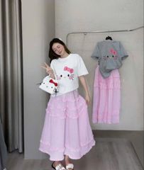 VRA0539-Set áo thun in kitty, CV caro nhúng bèo tầng Hồng (áo Xám)