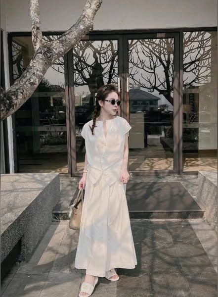 VGU9984-Set basic áo tay liền, CV dài Trắng