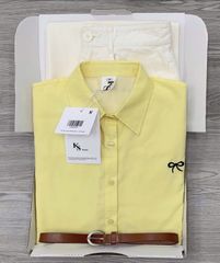 KS0552-Set áo sơ mi vàng thêu nơ, quần jean trắng CC+nịt
