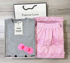 VRA0539-Set áo thun in kitty, CV caro nhúng bèo tầng Hồng (áo Xám)