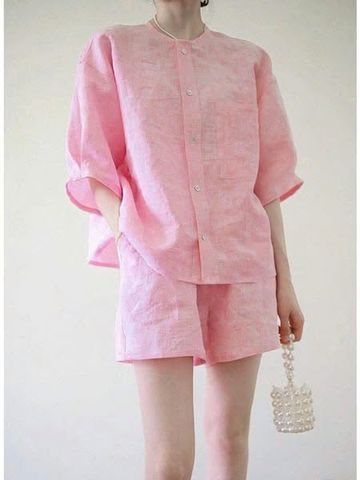 VGU0047-Set linen loang áo tay lỡ, quần short Hồng