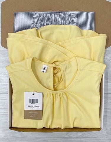 TQ4157-Set áo babydoll vàng, quần suông sọc