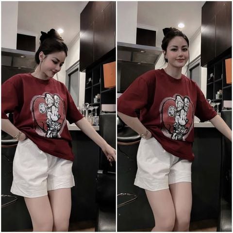 KS0598-Set áo thun đỏ in micky, quần short kaki Trắng
