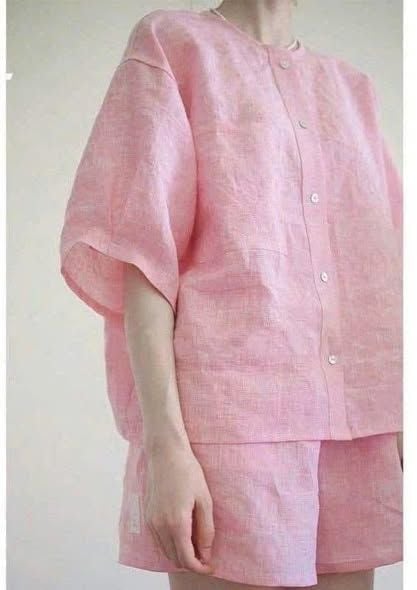 VGU0047-Set linen loang áo tay lỡ, quần short Hồng