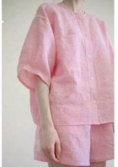 VGU0047-Set linen loang áo tay lỡ, quần short Hồng