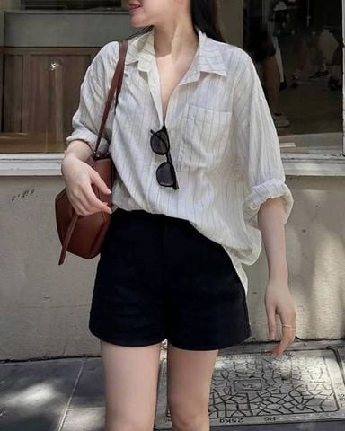 KS5087-Set áo sơ mi sọc, quần short Đen