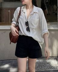 KS5087-Set áo sơ mi sọc, quần short Đen