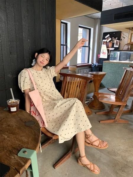 KS0607-Đầm suông linen họa tiết nơ Kem