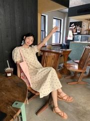KS0607-Đầm suông linen họa tiết nơ Kem