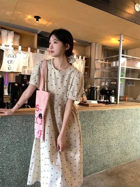 KS0607-Đầm suông linen họa tiết nơ Kem