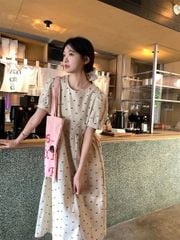 KS0607-Đầm suông linen họa tiết nơ Kem
