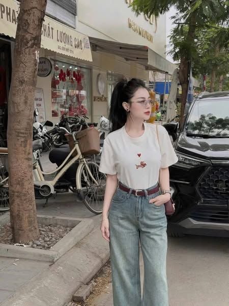 TB7991-Set áo thun thêu cún+ nịt+ quần jean dài X.Nhạt  (áo trắng)