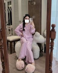 TQ4146-Set sọc áo cổ bèo thêu chữ, quần dài Tím