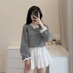 KS0610-Áo sơ mi caro cổ viền ren đính hoa (áo lẻ)