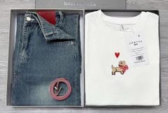 TB7991-Set áo thun thêu cún+ nịt+ quần jean dài X.Nhạt  (áo trắng)