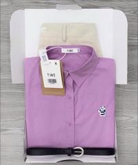 KS0584-Set áo sơ mi thêu gấu, quần short linen Kem+Nịt (áo tím)