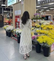 VGU0058- Đầm ren thêu tay dài Kem