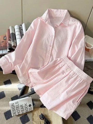 TB8070-Set áo sơ mi tay dài, quần short Hồng Nhạt
