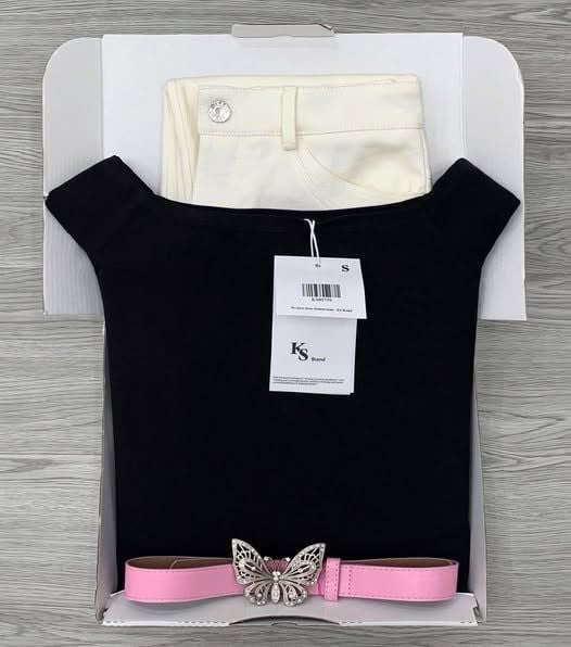 KS0579-Set áo bệt vai, quần jean + nịt CC