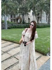 TB8087-Đầm suông bệt vai thêu hoa CC