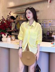 VGU0057-Set áo sơ mi vàng phối túi, quần short Nâu