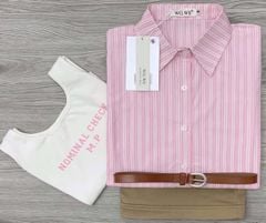 KS0613-Set 4 Món (áo sơ mi sọc hồng +áo ba lỗ in chữ +quần short kaki Nâu+nịt)