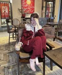 VGU0075-Set bộ áo cổ phối ren hoa+quần dài nhúng bèo Đỏ
