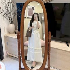 KS0619-Set áo nhúng ly eo, CV dài phối bèo Kem