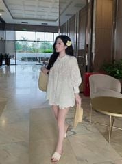 TQ4169-Set thêu nổi CC áo kiểu + quần short viền lazer Trắng
