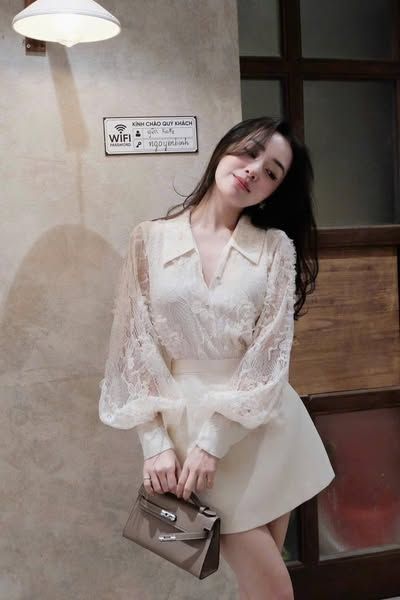 SKY8079-Set áo sơ mi ren CC , CV ngắn Trắng