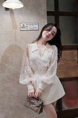 SKY8079-Set áo sơ mi ren CC , CV ngắn Trắng