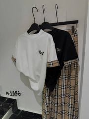 KS0625-Set áo thun phối tay thêu cún, quần suông caro Nâu (áo trắng)