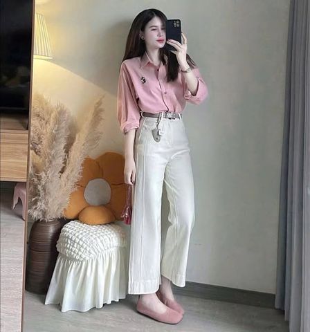 KS0630-Set áo sơ mi hồng thêu micky, quần dài CC Kem (2món)