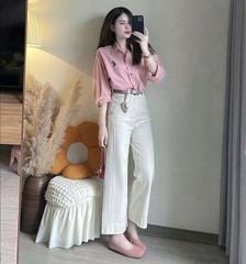 KS0630-Set áo sơ mi hồng thêu micky, quần dài CC Kem (2món)