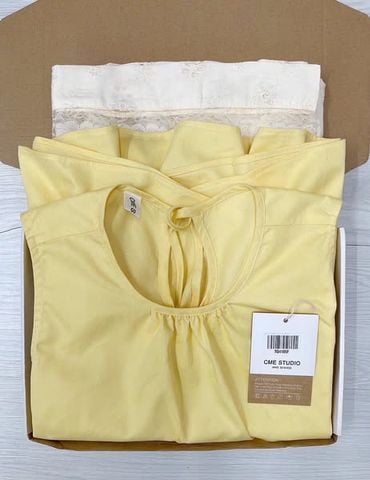TQ4185-Set áo babydoll vàng, quần suông hoa thêu phối ren CC