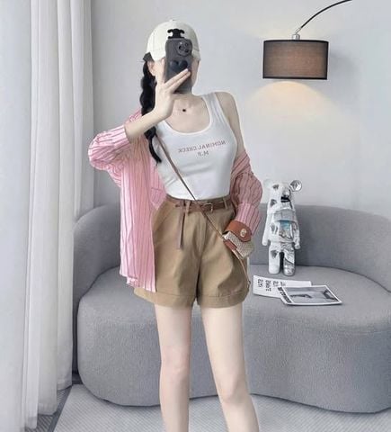 KS0613-Set 4 Món (áo sơ mi sọc hồng +áo ba lỗ in chữ +quần short kaki Nâu+nịt)