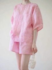VGU0047-Set linen loang áo tay lỡ, quần short Hồng